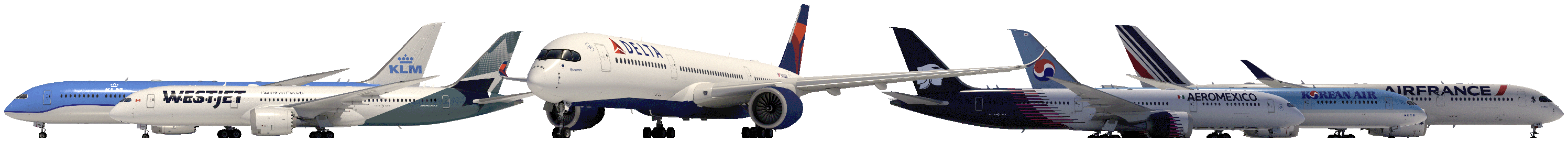 Transparent lineup of Delta and partner aircraft renderings