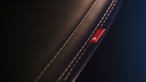 Small red Delta tag beside the stitched leather seam of a cabin seat
