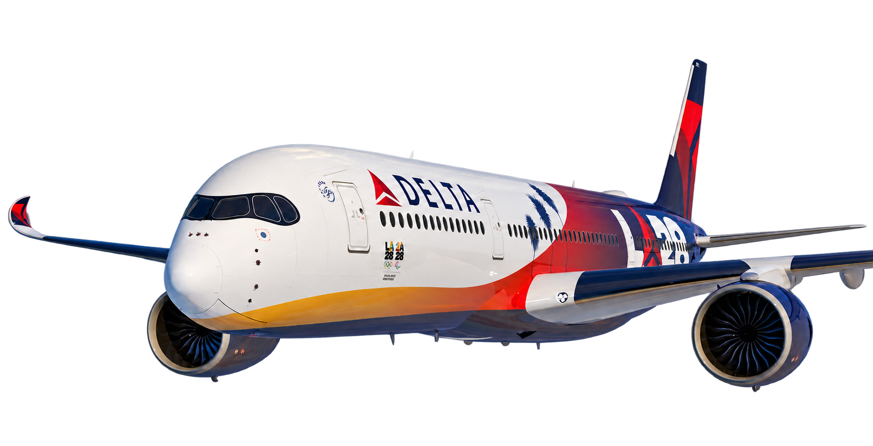 Front three-quarter view of Delta LA28 aircraft rendering extending beyond its sky panel