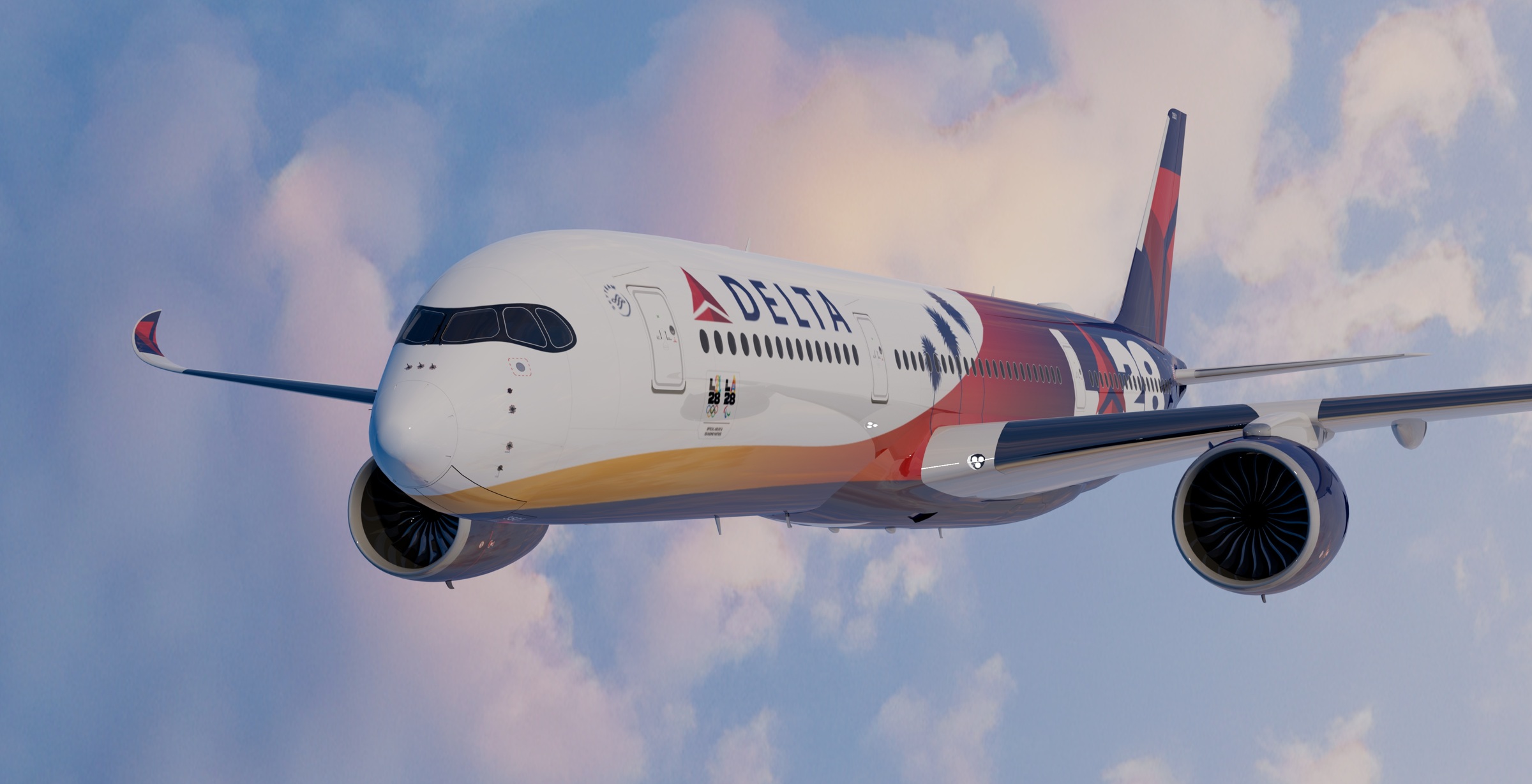 Delta LA28 aircraft rendering from a front three-quarter angle