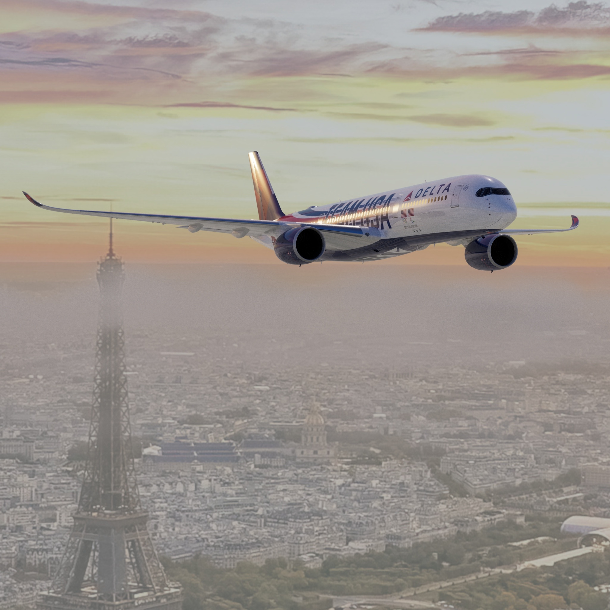 Delta Team USA aircraft rendered above Paris at sunset